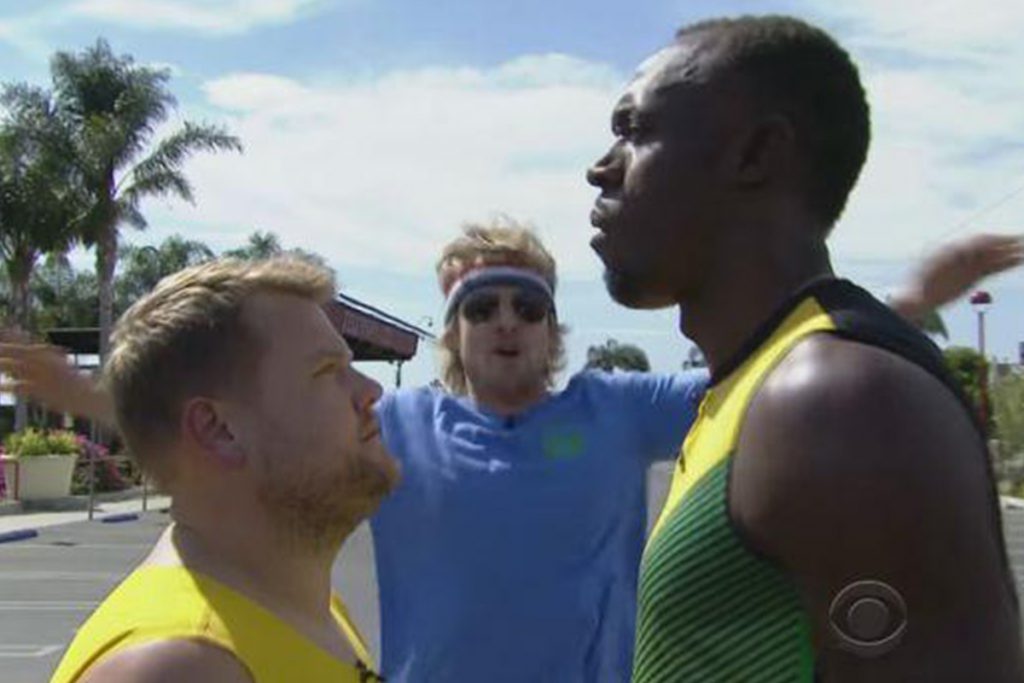 (video) La divertida carrera de Usain Bolt vs James Corden