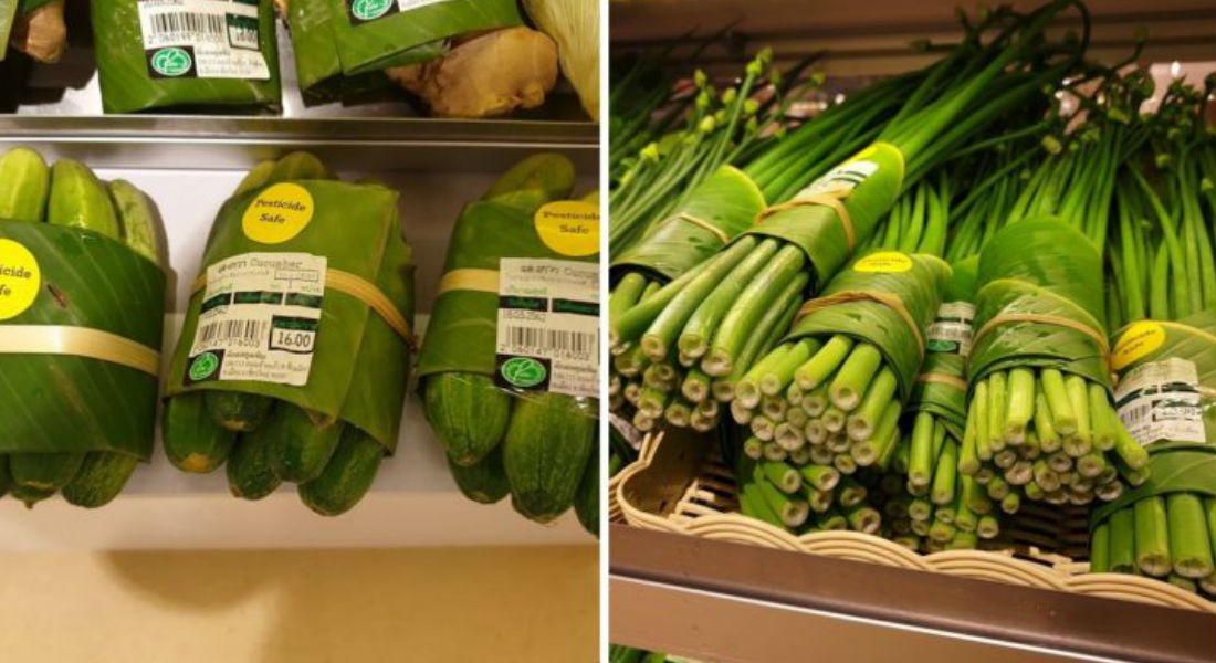 Supermercado utiliza hojas de plátano para envolver sus productos