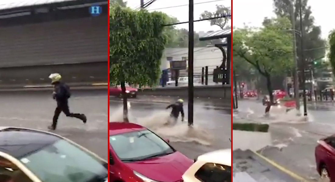 VIDEO: Motociclista es arrastrado por la corriente de agua en Insurgentes Sur