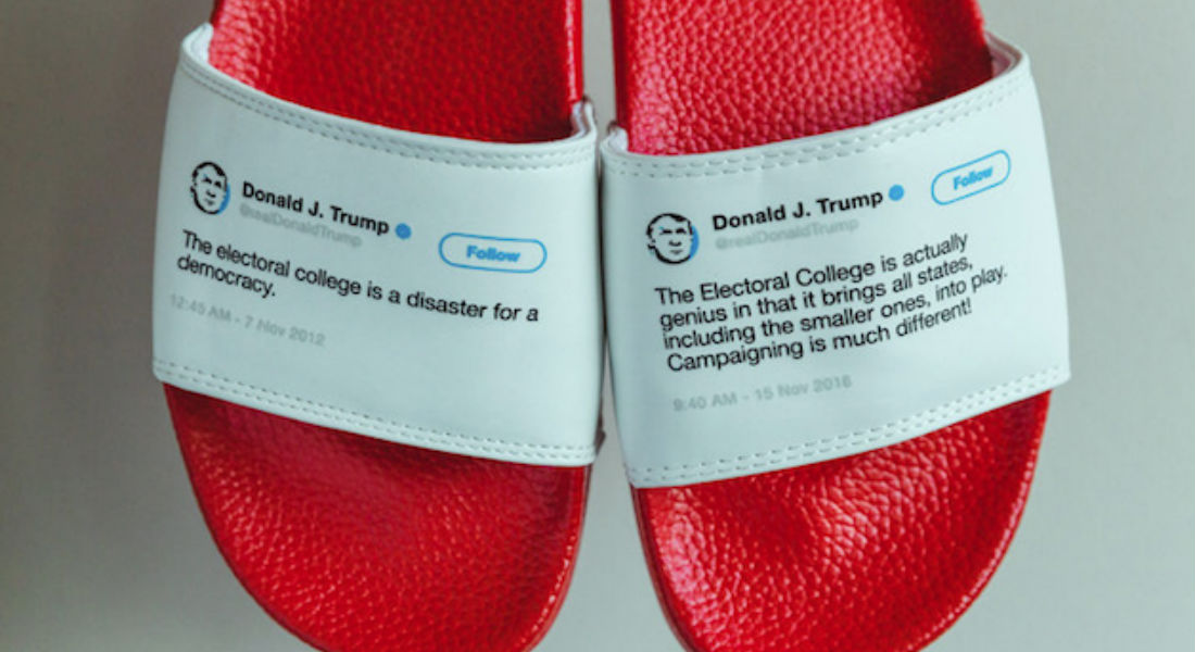 Crea sandalias con los tweets contradictorios de Trump y se vuelve un éxito