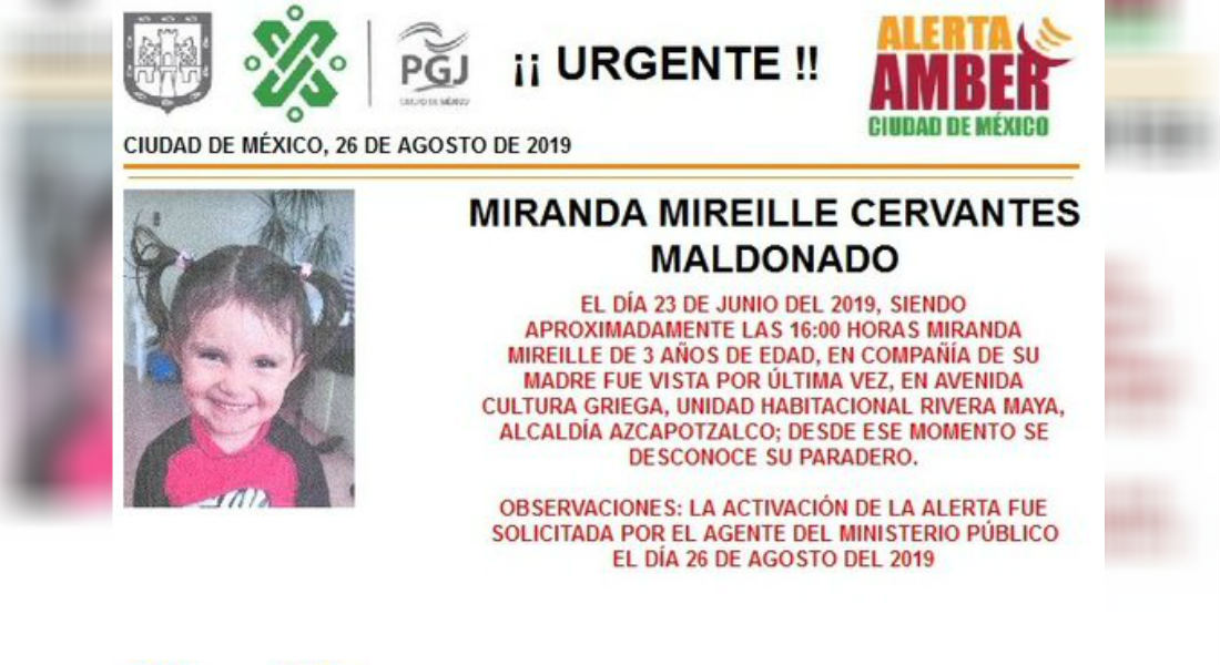 Miranda Mireille, de 3 años, desapareció en Azcapotzalco