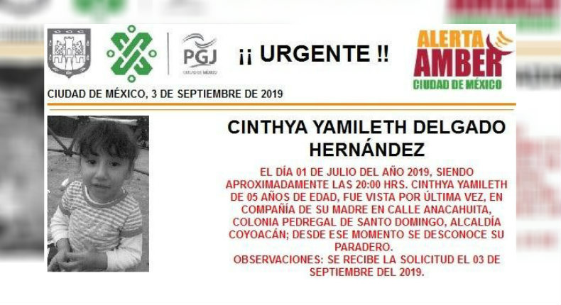 La pequeña Cinthya Yamileth, de 5 años, desapareció en Coyoacán