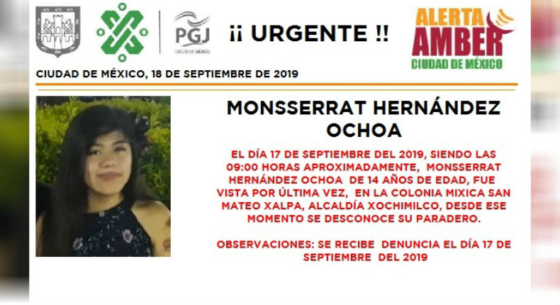 ¡Alerta Amber! Monsserrat, de 14 años, desapareció en Xochimilco