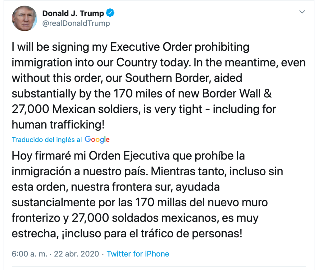 Trump anuncia en Twitter que prohibirá la inmigración